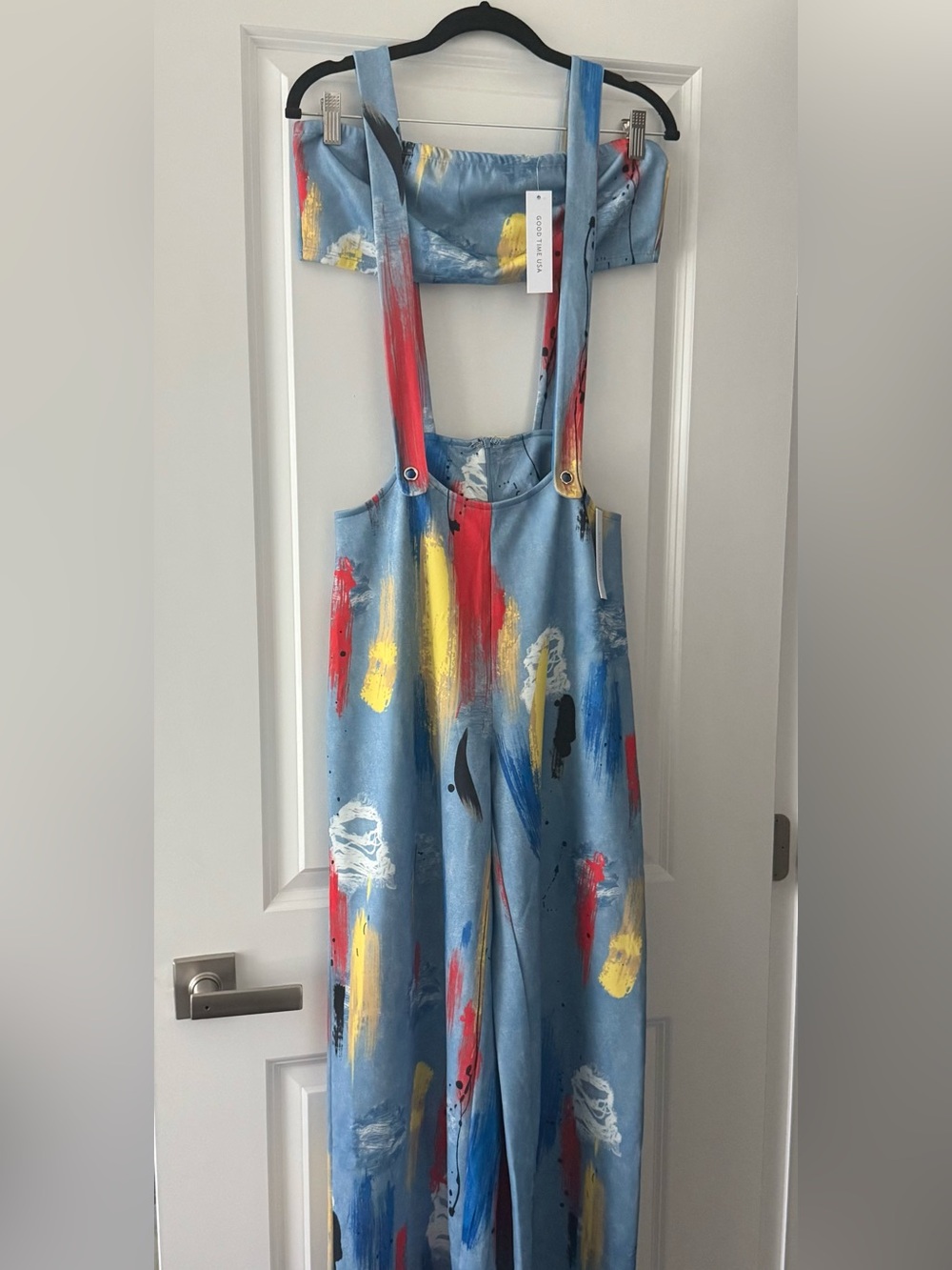 Women’s Paint-Print Light Blue Overalls with Tube Top